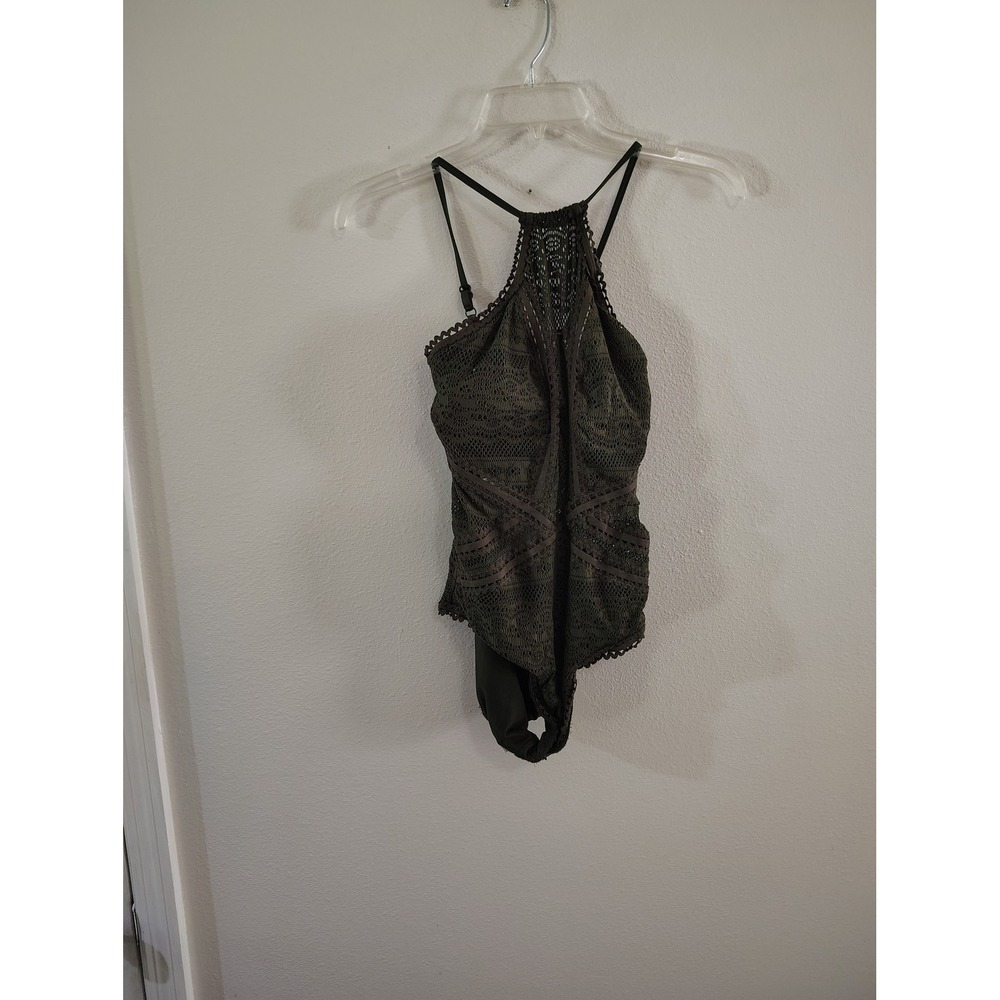 Blanche Olive Green Crochet High Neck One Piece Swimsuit Size Medium Boho Lace